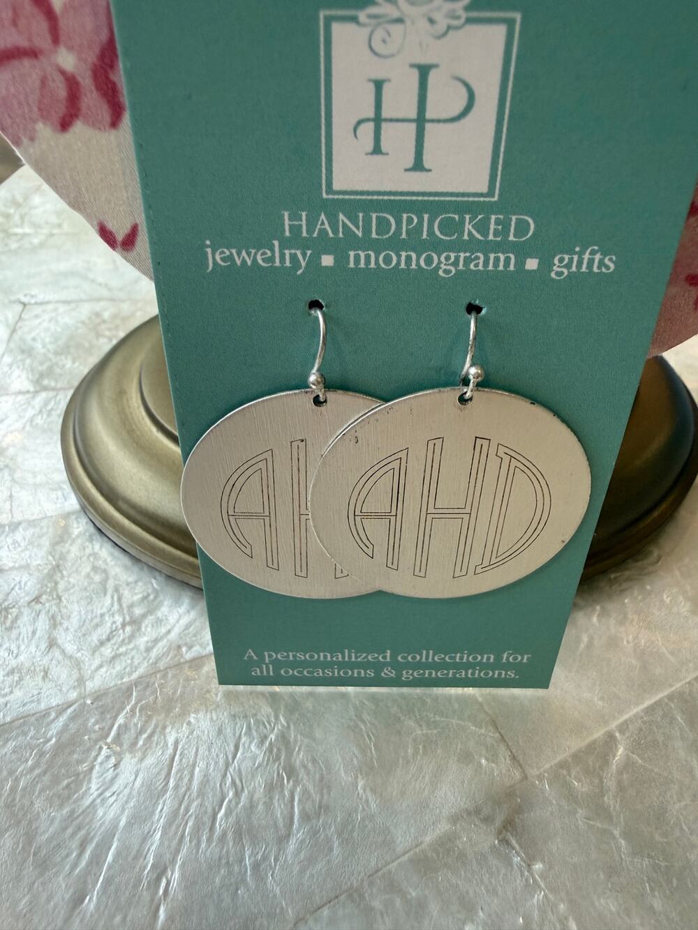 Hand Picked Monogrammed AHD 

Silver Tone Dangle Earrings NWT